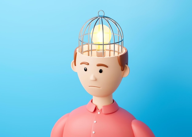 La idea en la jaula en la cabeza Bombilla como símbolo de una idea en una jaula de pájaros 3d render