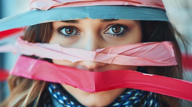 Foto la idea de la libertad de expresión, la censura y la prensa estaba siendo considerada por la joven que se cubría la boca con cinta adhesiva día internacional de los derechos humanos ia generativa