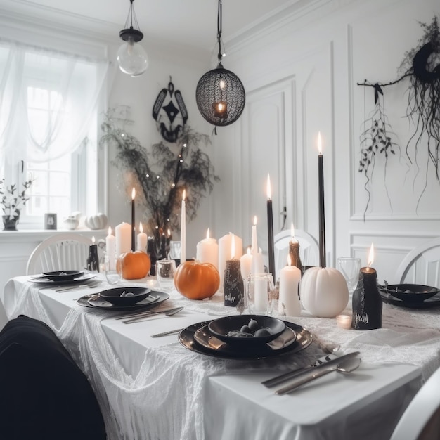 Idea de la mesa navideña de Halloween en un acogedor y moderno salón blanco