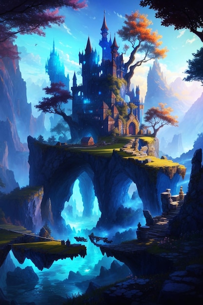 Idea de paisaje y paisaje de fantasía Castillo de montaña caprichoso Arte conceptual Obra de arte y diseño Pintura mate Dibujo e ilustración de fondo AI Imagen generada por inteligencia artificial