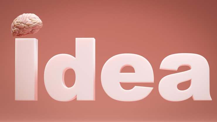 Foto idea de palabra con cerebro humano concepto de inspiración creatividad idea educación innovación y energía renderizado 3d