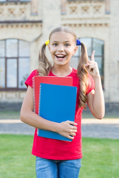 La idea surge simple y naturalmente para un buen lector Una niña feliz tiene una idea leyendo un libro Un niño pequeño y lindo levanta el dedo Identifica la idea principal del texto Idea importante en la lectura Horario escolar