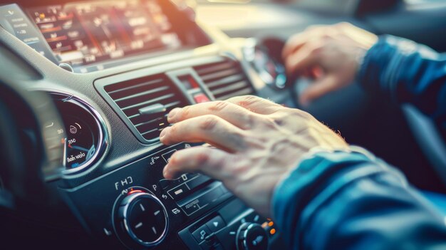 Una idea de transporte tecnología moderna y la gente un hombre ajustando el nivel de volumen en un sistema estéreo de coche