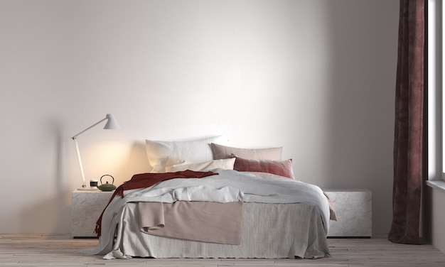 Las ideas de decoración viva y los muebles de dormitorio simulan el diseño de interiores y el fondo de textura de pared blanca