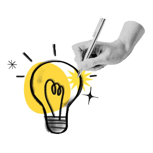 Ideas de escritura a mano png bombilla de luz medios mixtos garabateo fondo transparente