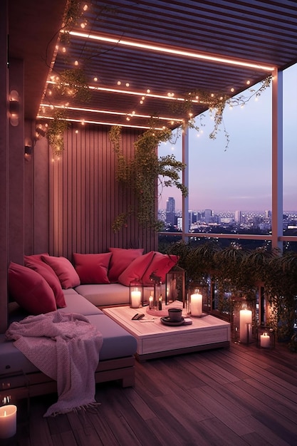 Ideas modernas de decoración de interiores de balcón de casa de lujo en la noche