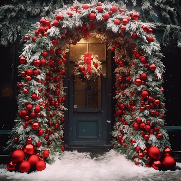 Ideas navideñas fáciles para porche al aire libre con guirnaldas rojas Arte generado por Ai