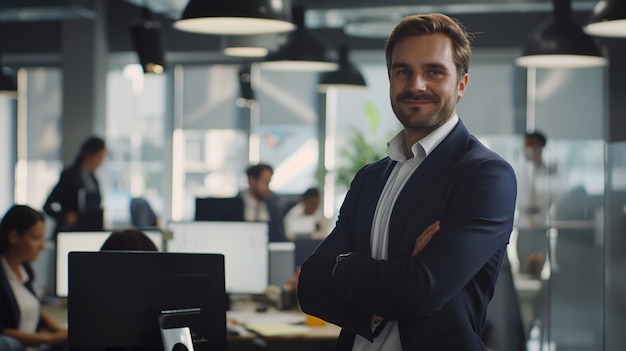 Ideas de negocios Un hombre guapo está de pie contra un fondo borroso de una oficina