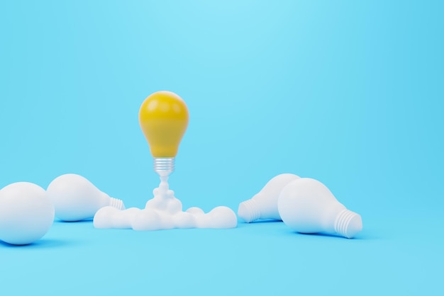 Foto ideas de pensamiento creativo y concepto de innovación. bombilla de cohete volando sobre el grupo de otra bombilla. ilustración de render 3d