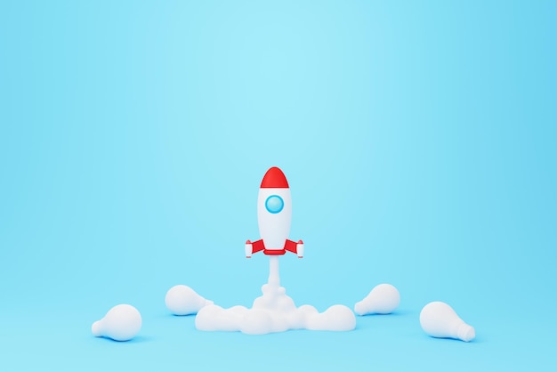 Ideas de pensamiento creativo y concepto de innovación Rocket volando sobre fondo azul y bombilla de luz blanca 3d renderizar ilustración