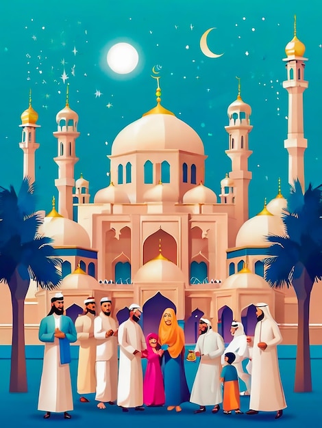 Ideas de publicaciones en las redes sociales para el día de Eid Fitr con ilustraciones tradicionales de los musulmanes