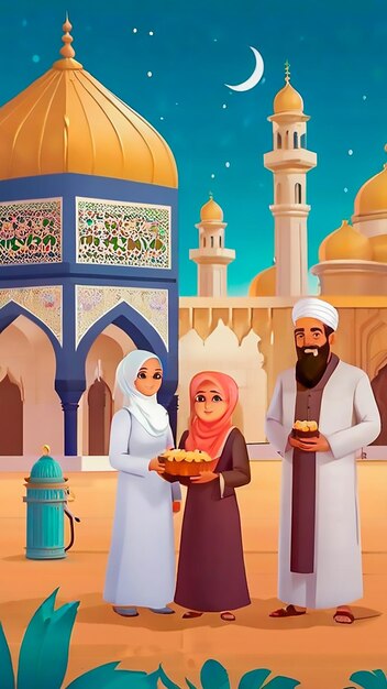 Ideas de publicaciones en las redes sociales para el día de Eid Fitr con ilustraciones tradicionales de los musulmanes