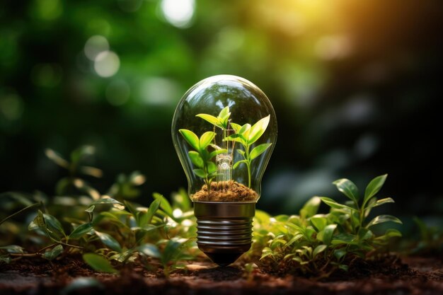 Idee der erneuerbaren Energie und der Energiesparung Energiesparende Glühbirne und Baum, der auf dem Boden auf Bokeh-Naturhintergrund wächst Generative Ai