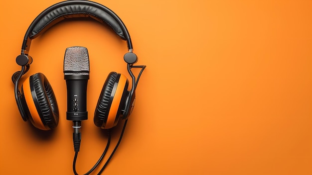 Idee des Podcasting mit Kopfhörern und Aufnahmemikrofon auf einem orangefarbenen Hintergrund Generative KI