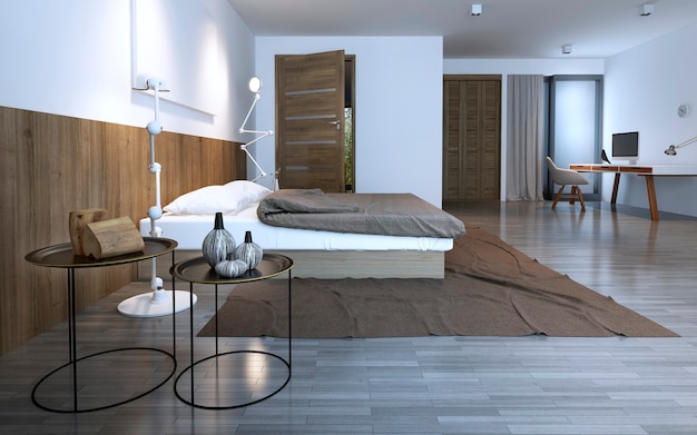Idee eines minimalistischen Schlafzimmers in einem Privathaus. ungewöhnliche runde Kaffeetische, braunes Thema. 3D-Rendering