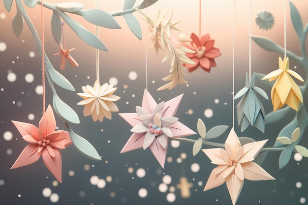 Idee für Basteldekorationen. Bunte Origami-Schneeflocken aus Papier für den Winterhintergrund. Ai generativ