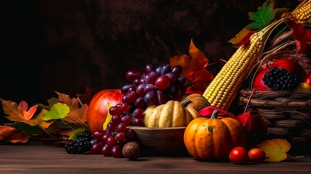 Idee für eine Thanksgiving-Karte oder ein Poster mit frisch gepflücktem Gemüse und Obst. KI-generierter Kopierraum