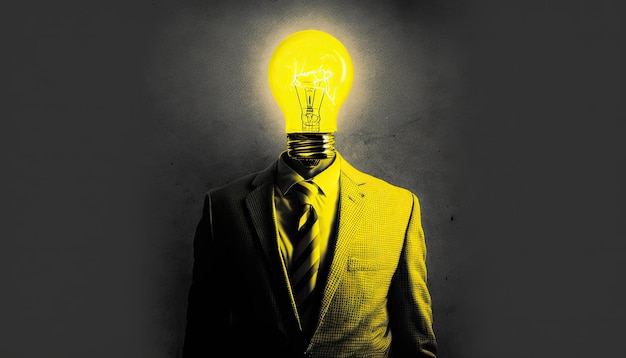 Ideengeschäftsmann im Anzug mit hellem elektrischen Lampenkopf, gelbem Blitz, Mitarbeitermanager
