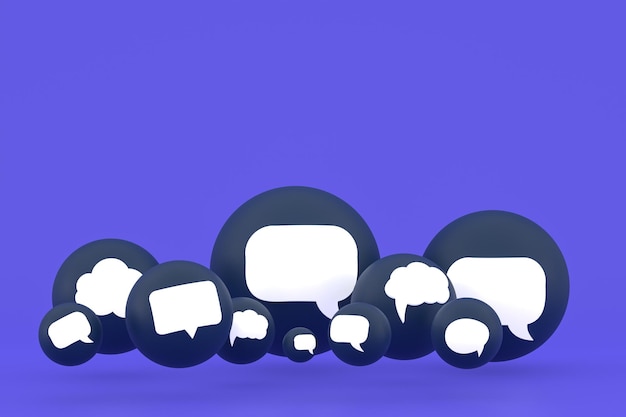 Ideia comentar ou pensar reações emoji renderização 3d, símbolo de balão de mídia social com fundo padrão de ícones de comentário