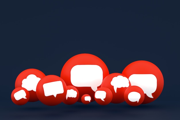 Idéia, comentário ou raciocínio, reações emoji renderização 3D, símbolo de balão de mídia social com ícones de comentários de fundo padrão
