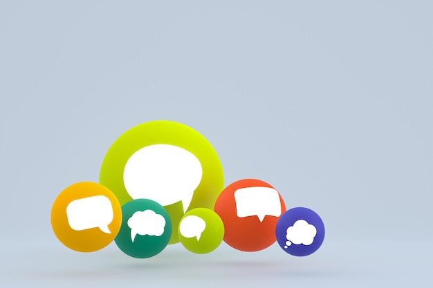 Idéia, comentário ou raciocínio, reações emoji renderização 3d, símbolo de balão de mídia social com ícones de comentários de fundo padrão