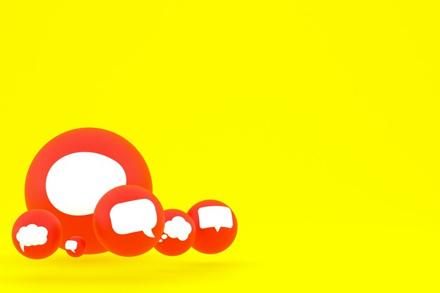 Idéia, comentário ou raciocínio, reações emoji renderização 3D, símbolo de balão de mídia social com ícones de comentários de fundo padrão