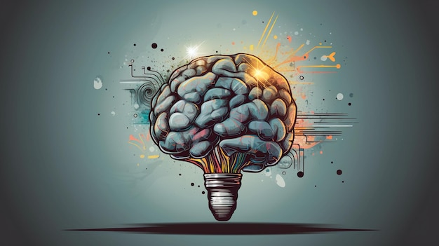 Idéia criativa com ilustração de cérebro e lâmpada IA generativa