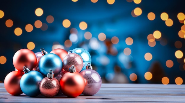 Idéia de bolas de Natal na mesa para um cartão de Natal com espaço de cópia