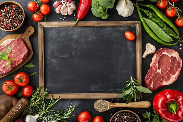 Ideia de cardápio carne na mesa legumes e ervas em torno da carne espaço vazio no centro para texto ou produto pano de fundo