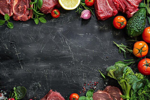 Ideia de cardápio carne na mesa legumes e ervas em torno da carne espaço vazio no centro para texto ou produto pano de fundo