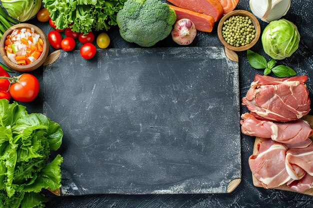 Ideia de cardápio carne na mesa legumes e ervas em torno da carne espaço vazio no centro para texto ou produto pano de fundo