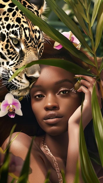 Foto ideia de cartaz com uma bela mulher de pele escura com orquídeas no cabelo e um jaguar na selva.