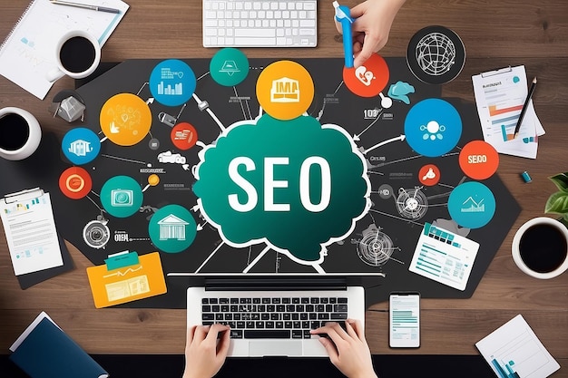 Ideia de conceito de foto de marketing digital SEO com infográfico