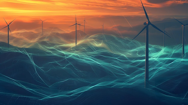 ideia de energia ecológica turbina eólica na colina com o pôr-do-sol