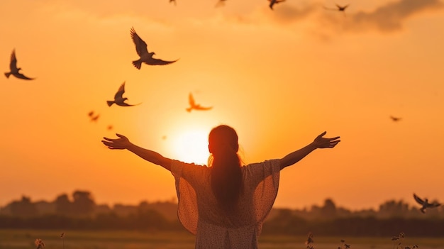 Ideia de esperança com mulher rezando e pássaro livre observando a paisagem contra um fundo pôr do sol GERAR IA