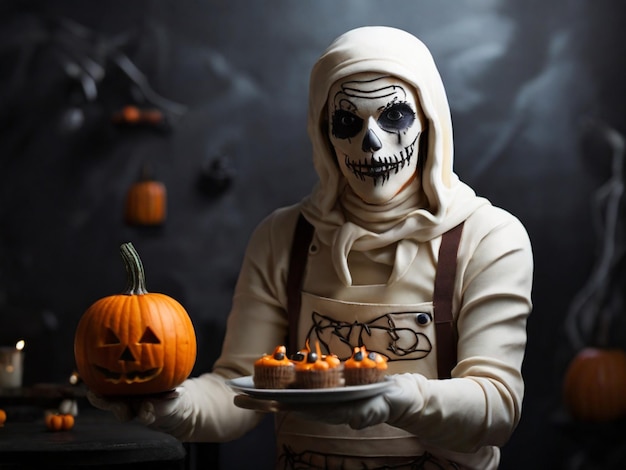 Ideia de Halloween Figura de múmia assustadora com rosto em close-up Abóboras de Halloween