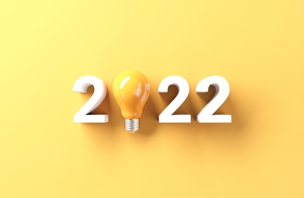 Ideia de lâmpada com ano novo de 2022 em fundo amarelo