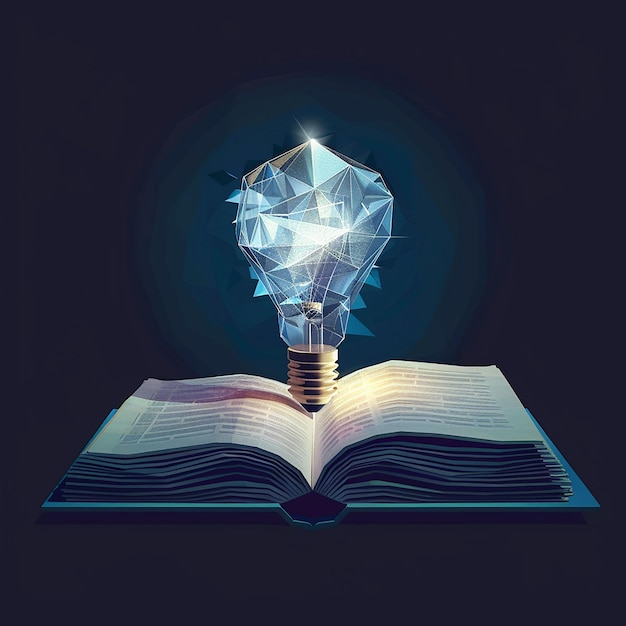 Foto ideia de livro lâmpada baixa poly aberto negócio pensamento criativo com brilhante wireframe azul em azul