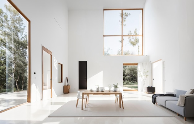 Idéia de sala de estar interior brilhante moderna com grandes janelas