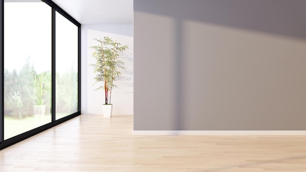 Ideia de uma ilustração interior de quarto escandinavo branco vazio renderização em 3D com piso de madeira e parede grande e interior de fundo branco Home nórdico