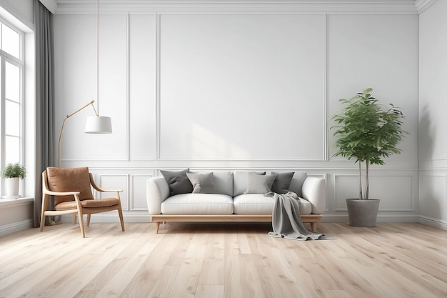 Ideia de uma sala escandinava branca vazia ilustração interior 3D renderização com chão de madeira e parede grande e branco
