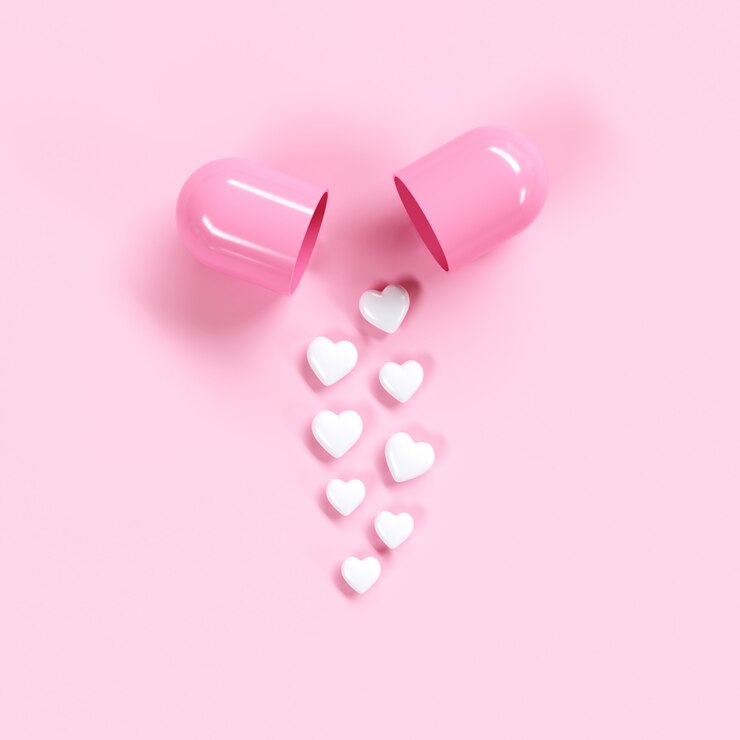 Ideia do conceito do coração dos comprimidos no fundo cor-de-rosa. Idéias mínimas dos namorados. 3D rendem.
