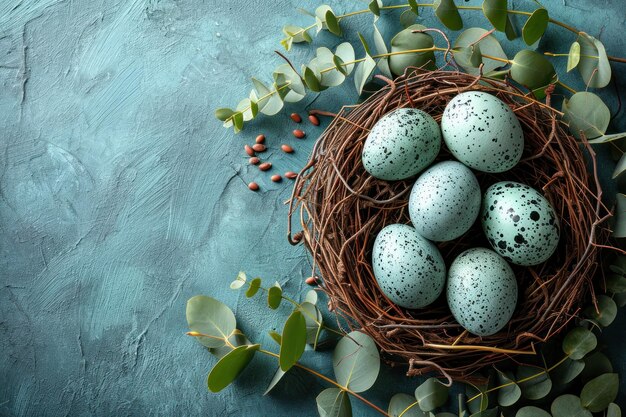 Ideia para um cartão de Páscoa com um ninho de ovos e um eucalipto