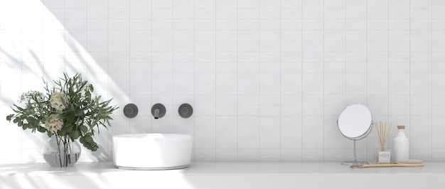 Ideias de design de interiores de banheiro O tom na sala branca, azulejos de cerâmica, bancadas de mármore, pias, estilo moderno japonês, renderização 3D