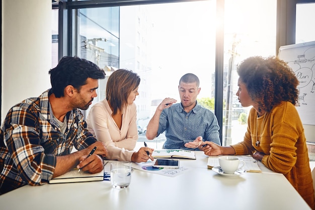 Ideias de web designer e planejamento em reunião de escritório ou colaboração para o desenvolvimento de aplicativo ou mídia social equipe de design e brainstorming com estratégia em londres para feedback ou revisão de projeto