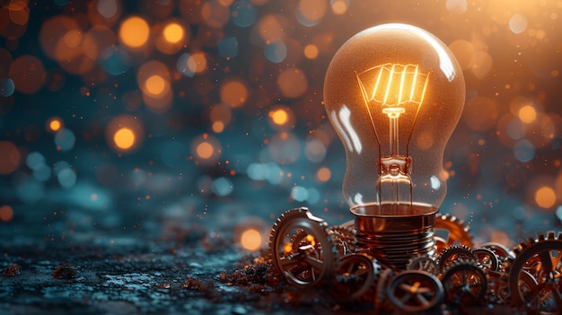 Ideias inovadoras As lâmpadas e as engrenagens abstratas mostram o poder do pensamento inovador
