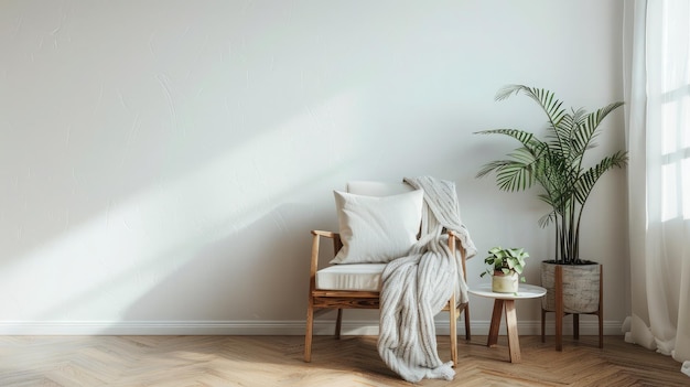 Ideias para o design de interiores de casa minimalista moderna Cadeira vintage cinza com travesseiro branco e mesa de cobertores com planta verde em pote no chão em parede de fundo claro espaço de cópia panorama ninguém