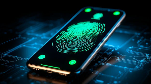 Identidad digital de teléfonos inteligentes y concepto de ciberseguridad Huellas dactilares y autenticación de dos factores