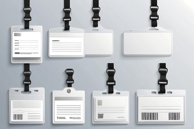 Identificação cartões de identificação de plástico brancos em branco com fecho e cordões ilustração vetorial isolada