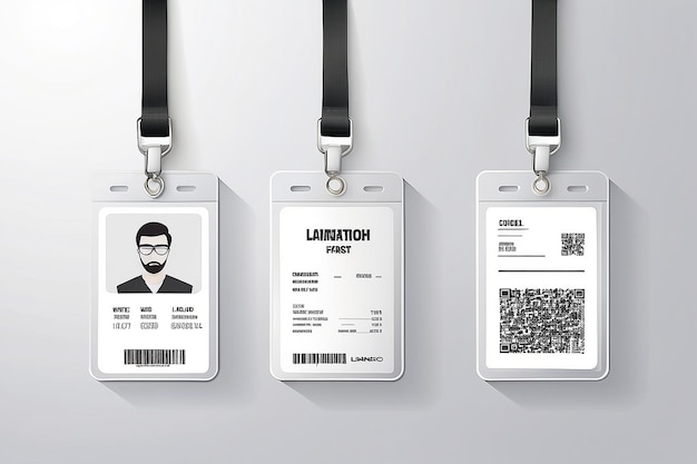 Identificação cartões de identificação de plástico brancos em branco com fecho e cordões ilustração vetorial isolada